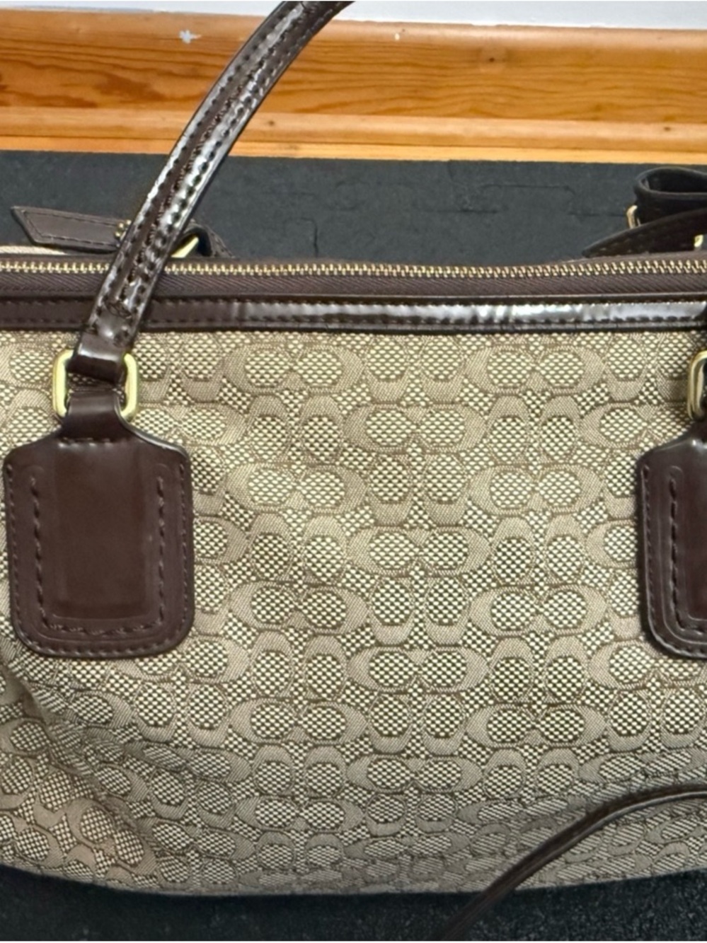 Coach Khaki Signature Satchel with Brown Leather Trim - Picture 5 of 12